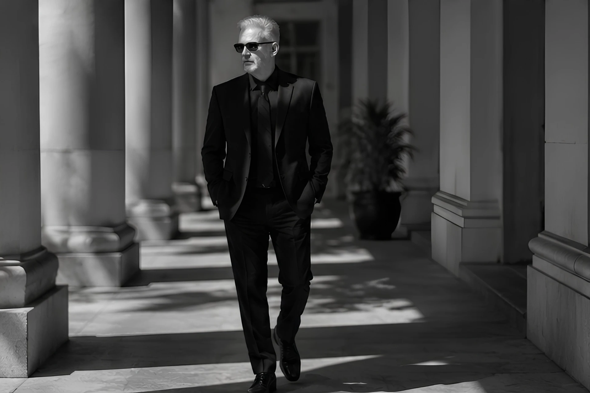 Mick McGurk walking through a colonnade, a black-and-white photograph.